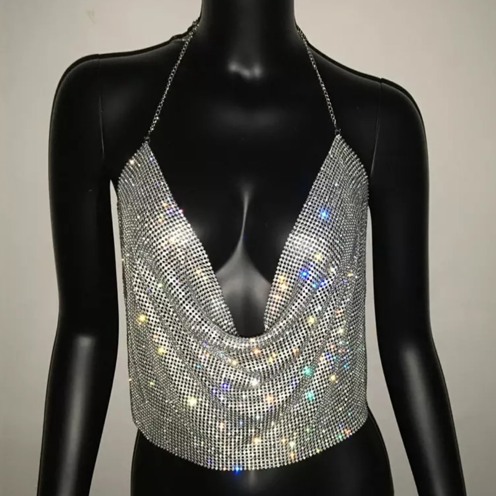 Sexy All Silver Rhinestone Crystal Scoop Party Bling Backless Chain Halter Top